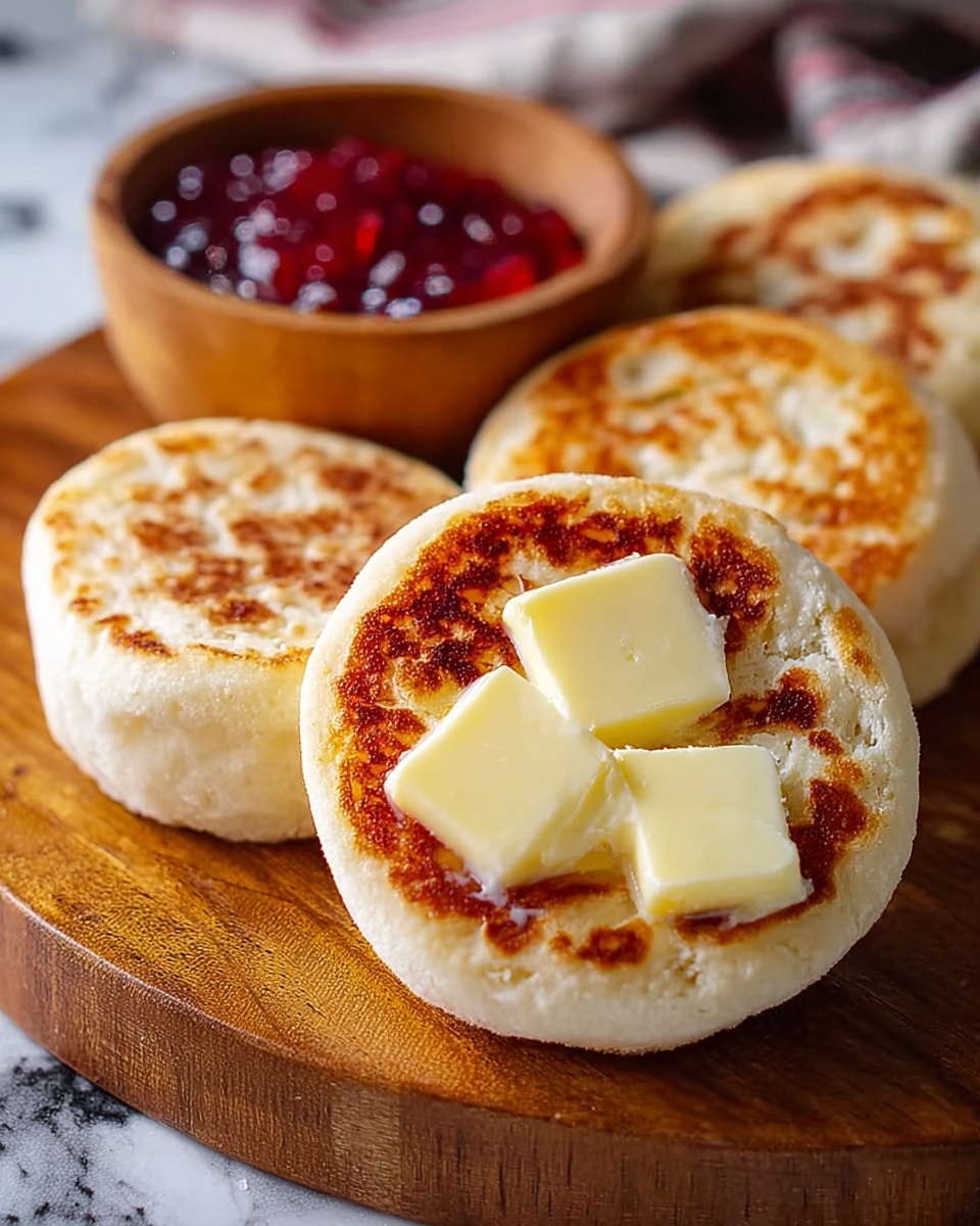 The image shows a close-up of three golden-brown toasted English muffins on a wooden board, with one muffin split open and topped with thick, uneven pieces of pale yellow butter. Behind the muffins is a small wooden bowl filled with bright red jam. The muffins have a light, fluffy texture with a crisp, browned surface. The background is softened, focusing attention on the muffins' warm colors and textures, all placed on a white marbled surface. photo taken with an iphone --ar 4:5 --v 7