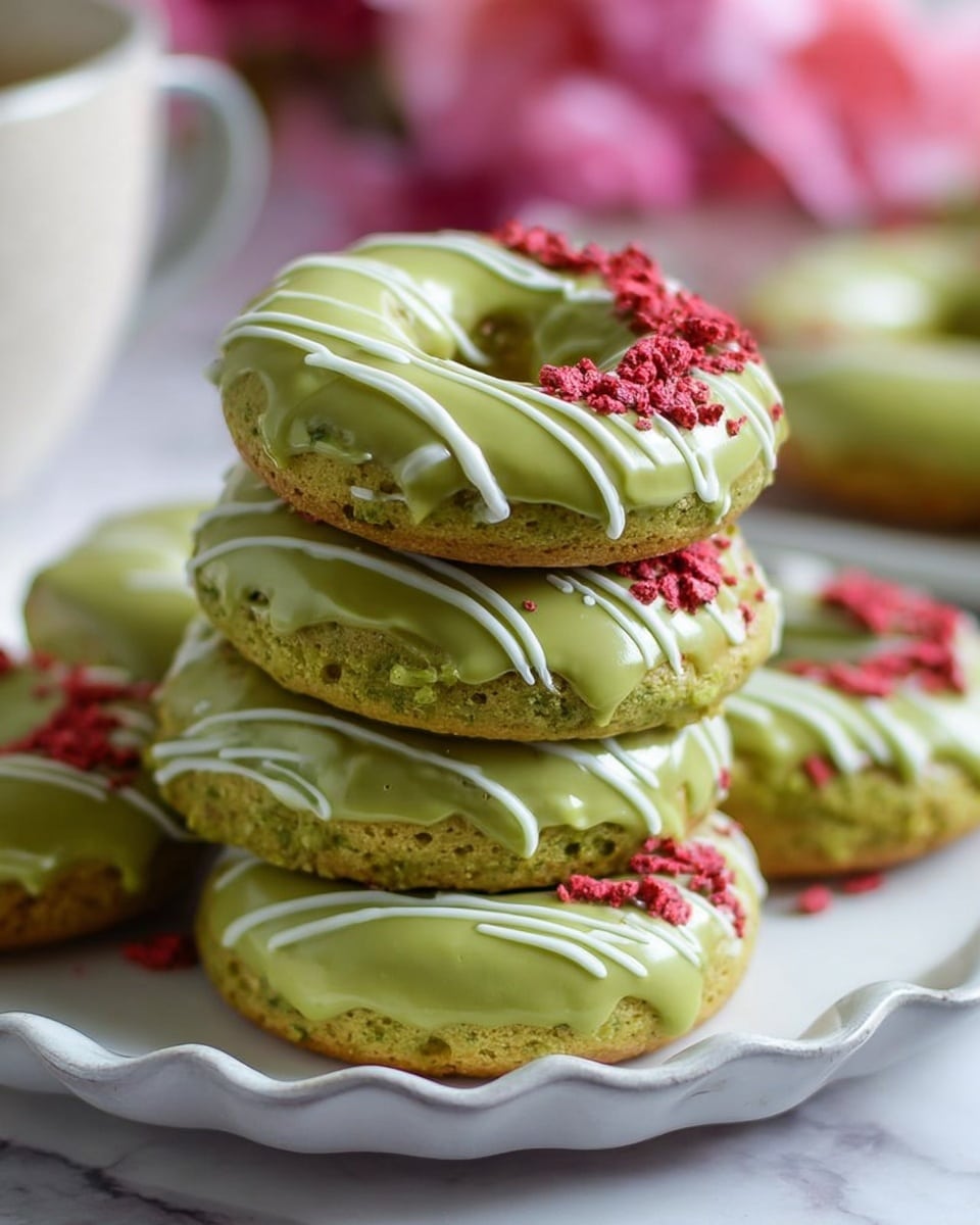 A stack of six doughnuts is shown, each doughnut having two layers: the base cake layer with a greenish texture and a thick green frosting layer on top that looks smooth and glossy. On the frosting, there are thin white icing stripes drizzled diagonally across each doughnut. Small pieces of red crushed sprinkles are scattered on a few parts of the green frosting, adding contrast to the colors. The doughnuts rest on a white plate with a wavy edge, placed on a white marbled surface. In the blurred background, parts of other food items and pink flowers can be seen. photo taken with an iphone --ar 4:5 --v 7