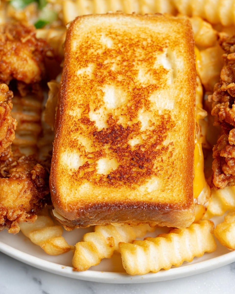 A close-up view of a rectangular sandwich with a golden-brown toasted top layer that shows a slightly uneven, crispy texture with some darker browned spots. The sandwich sits on a bed of light golden, crinkle-cut fries with a rough, crunchy surface. On either side of the sandwich, there are small pieces of crispy, golden fried chicken with a textured coating. The entire dish is placed on a white plate, set against a white marbled texture. photo taken with an iphone --ar 4:5 --v 7