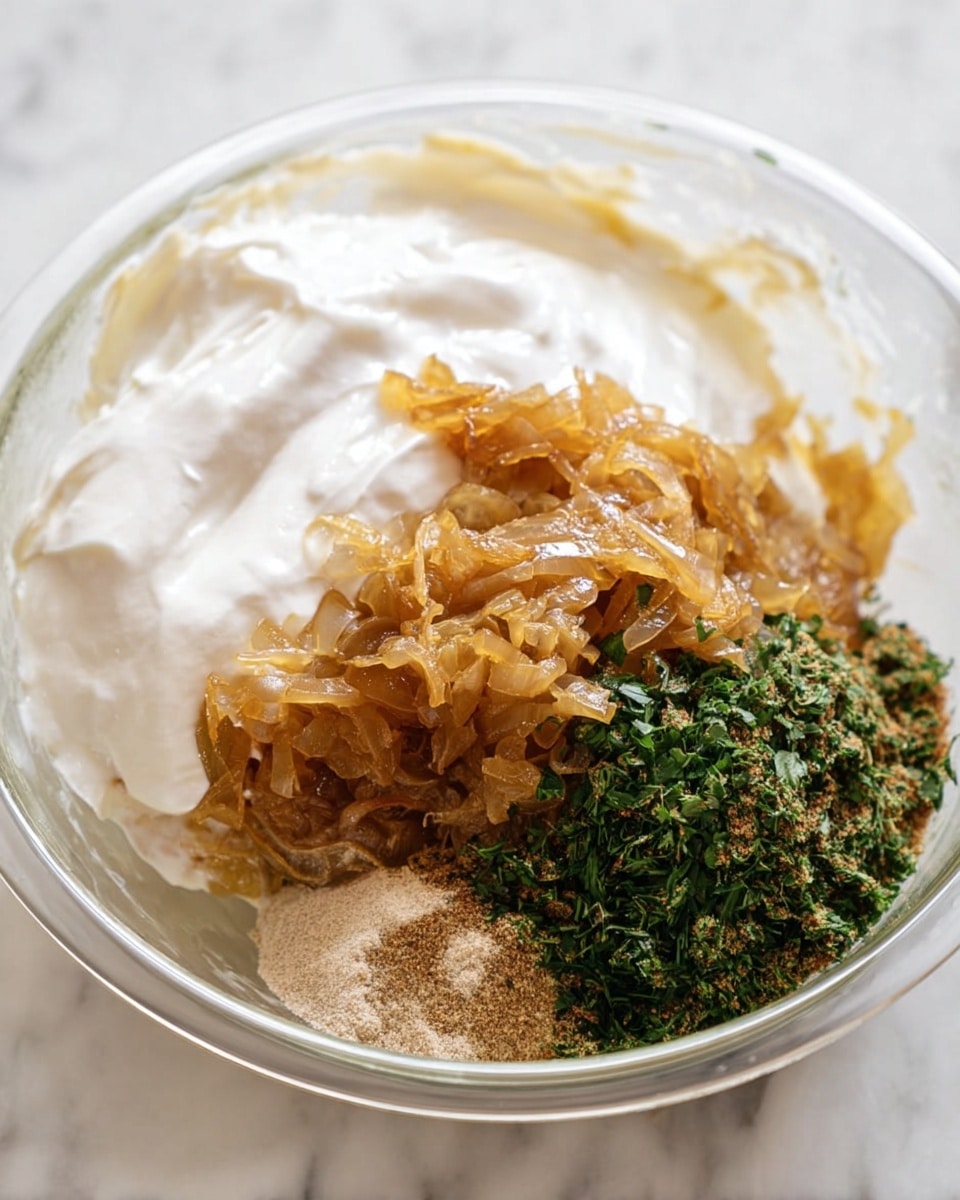 A clear glass bowl holds several ingredients layered together: a large amount of smooth white cream on one side, a pile of soft caramelized onions in golden brown hues in the center, a heap of finely chopped green herbs on the right, and a mix of beige and brown powdered spices near the herbs. The edges of the bowl are visible, and the bowl sits on a white marbled surface. photo taken with an iphone --ar 4:5 --v 7