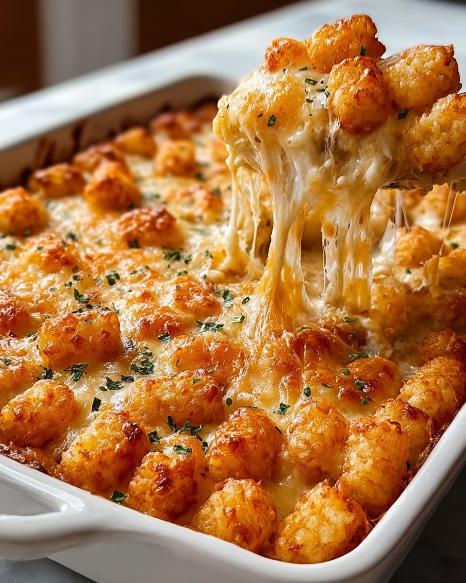 The dish is a baked casserole in a white ceramic baking dish with a glossy surface and a thick rim. The top layer has a golden-brown, crispy layer of tater tots scattered evenly, with melted, stringy, light yellow cheese underneath pulling up as a portion is lifted, showing a stretchy texture. Small green herb flakes are sprinkled lightly over the cheese and tater tots, adding a touch of color contrast. The cheese layer looks creamy and thick, spreading thinly under the crispy tater tots. The background surface is a white marbled texture. Photo taken with an iphone --ar 4:5 --v 7