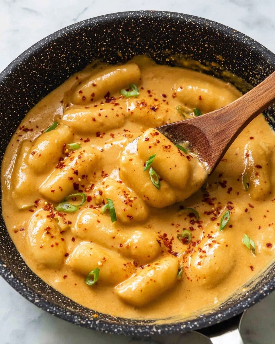 In a black speckled pan filled with shiny, thick, creamy orange-yellow sauce, there are several smooth, soft rice cake pieces coated evenly in the sauce. The dish is sprinkled lightly with red pepper flakes and small green onion slices scattered on top, giving a fresh contrast in color. A wooden spoon is lifting some coated rice cakes from the sauce, showing its rich and velvety texture. The pan sits on a white marbled surface. photo taken with an iphone --ar 4:5 --v 7