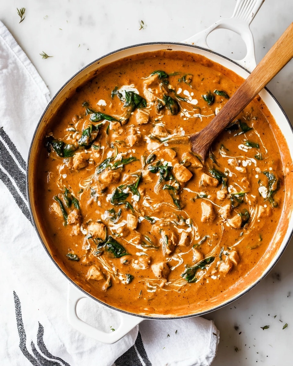 A white skillet filled with a thick, creamy orange-brown sauce that has visible chunks of light-colored chicken and bright green spinach leaves scattered throughout. The sauce has a smooth texture with some swirls of cream on top, creating a marbled effect. A wooden spoon with a light brown handle rests inside the skillet, partially submerged in the rich sauce. The skillet is placed on a white marbled textured surface with a white cloth featuring black stripes beneath the handle. Small droplets of sauce are splattered around the skillet, adding to the casual, homemade feel. Photo taken with an iphone --ar 4:5 --v 7