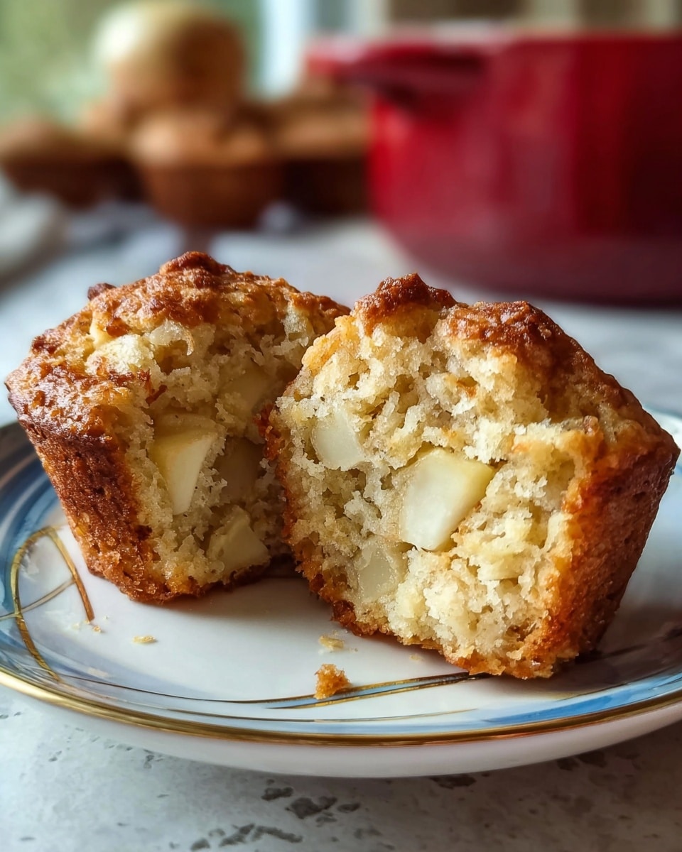 A close-up of a muffin cut in half on a white plate with blue and gold lines, showing the inside layers with a soft, light beige crumb and visible chunks of white apples; the muffin top is a golden-brown with a rough texture. The background has a red pot and blurred kitchen items, all set on a white marbled texture. photo taken with an iphone --ar 4:5 --v 7