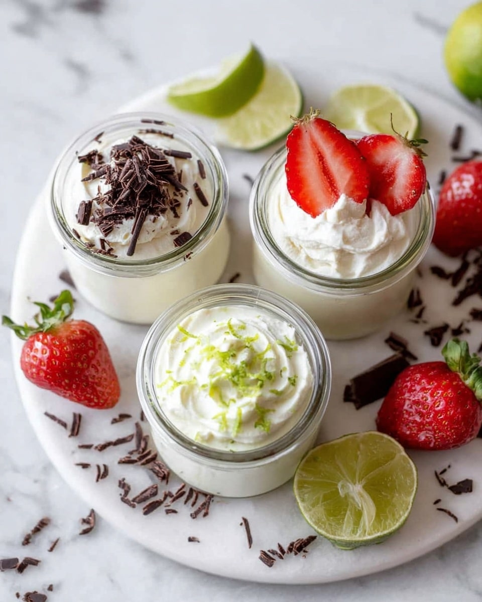 Three small clear glass jars sit on a round white plate with a white marbled surface underneath. Each jar is filled with a smooth, creamy white dessert topped differently: one jar has whipped cream with dark chocolate shavings, the second has whipped cream with bright green lime zest, and the third jar has whipped cream with two sliced red strawberries placed on top. Around the plate are scattered dark chocolate shavings, fresh whole and halved strawberries with green leaves, and lime wedges. The setting is bright and clean. photo taken with an iphone --ar 4:5 --v 7