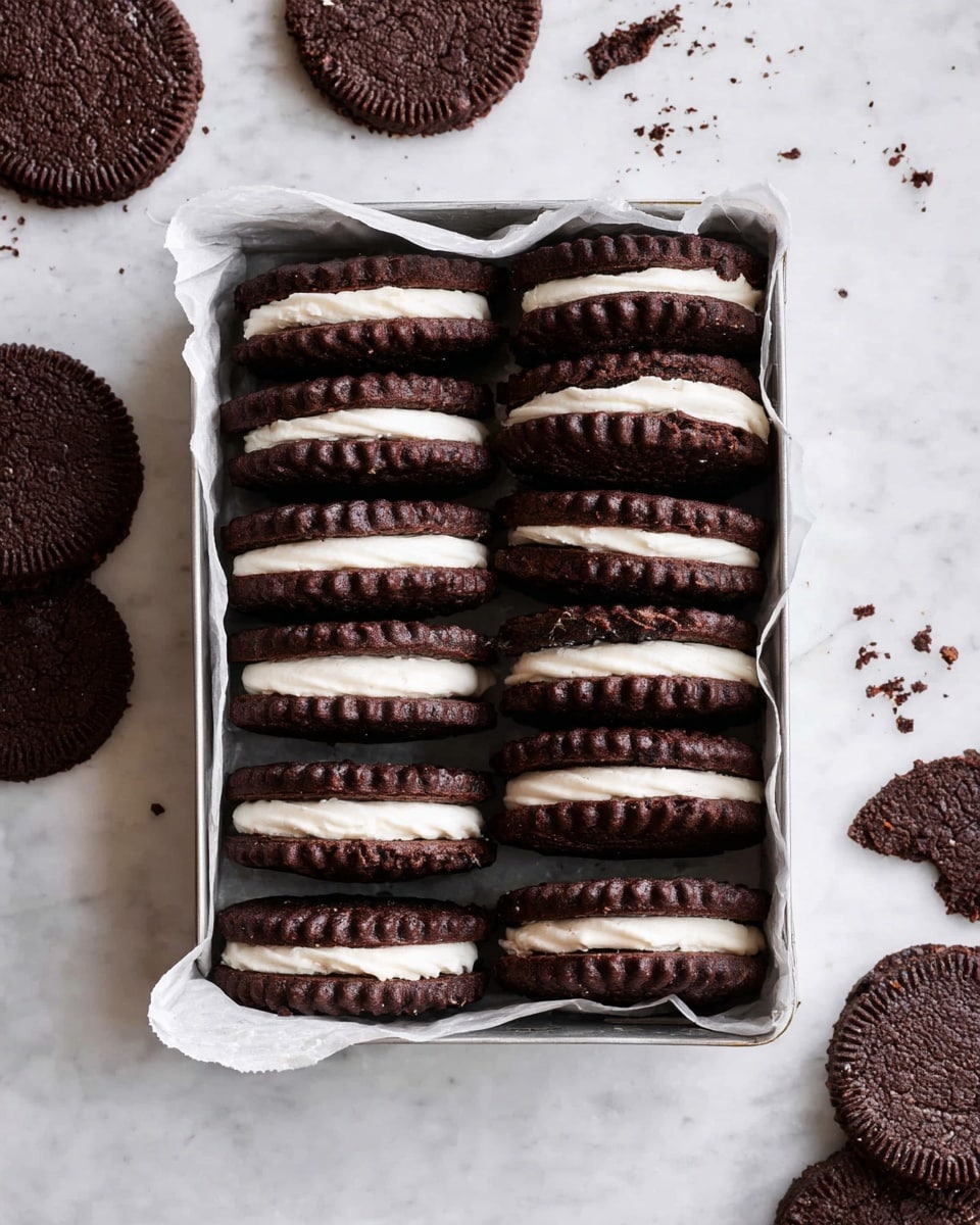 The image shows a small metal box lined with white parchment paper, filled with several stacks of sandwich cookies. Each cookie sandwich has two dark brown, almost black, round cookies with scalloped edges, and a thick, smooth white cream layer in the middle. The cookies are stacked neatly in two rows, filling the box almost to the top. Around the box, there are loose single dark brown cookies scattered on a white marbled surface, some with small crumbs nearby. The overall look is clean and simple with a contrast between the dark cookies and the bright white cream photo taken with an iphone --ar 4:5 --v 7