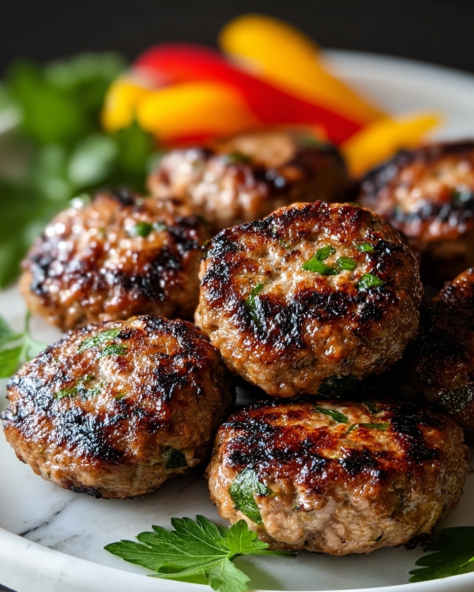 Seven browned, round meat patties with grilled marks and visible green herbs are tightly arranged on a white plate. Behind the patties, there are colorful pieces of red and yellow bell peppers, and green leafy garnish adds fresh contrast around the food. The surface beneath the plate shows a white marbled texture. The lighting highlights the juicy texture and charred edges of the patties, making them look hot and tasty. photo taken with an iphone --ar 4:5 --v 7