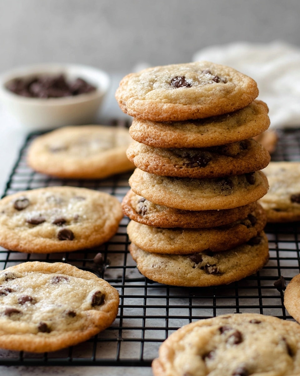 A stack of seven golden brown chocolate chip cookies with a slightly crisp edge and soft, textured surface dotted with melted dark brown chocolate chips, sits on the right side of a black cooling rack placed on a white marbled texture. Around the stack, there are seven more cookies lying flat on the cooling rack, showing their uneven, crinkly tops. In the background, there is a white bowl filled with dark chocolate chips, slightly out of focus. The image has soft natural light highlighting the warm tones and texture of the cookies. photo taken with an iphone --ar 4:5 --v 7