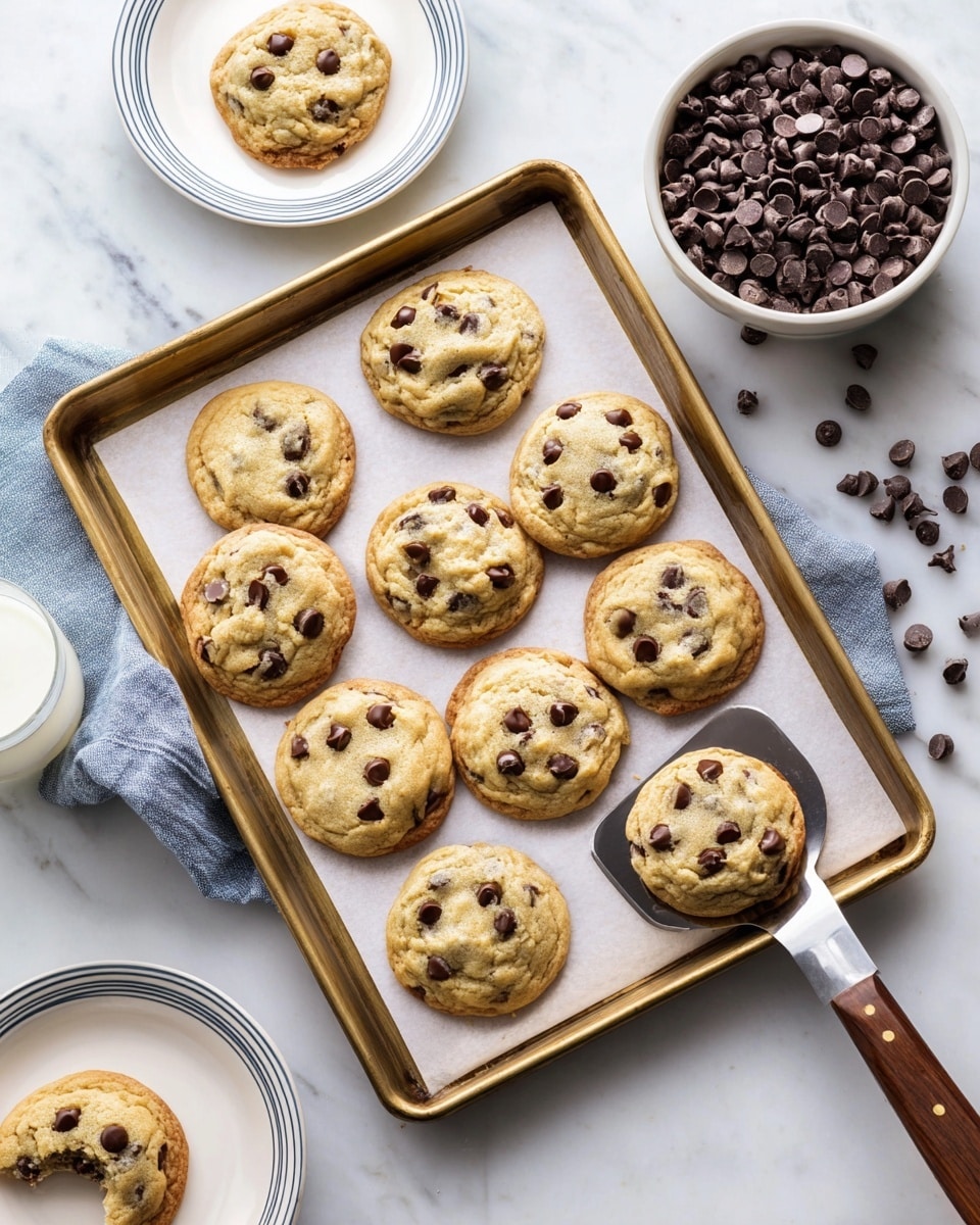 A golden brown baking tray holds ten round chocolate chip cookies, each with a soft, slightly puffy texture and scattered dark chocolate chips on top, resting on white parchment paper; one cookie is partially lifted by a metal spatula with a wooden handle on the right side. At the top right, a white bowl filled with many dark chocolate chips sits on the white marbled surface, with some chips spilled nearby. At the top left, a single cookie lies on a white plate with a thin blue rim, while the bottom left shows part of another white plate with a bitten cookie. A glass of milk is partially visible at the bottom right, all set on the white marbled background, photo taken with an iphone --ar 4:5 --v 7