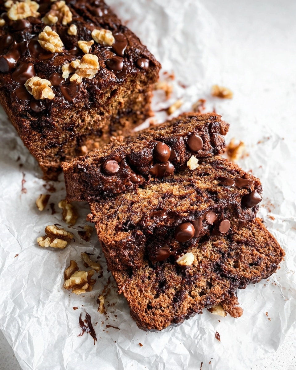 A close-up of sliced chocolate chip walnut bread resting on white parchment paper over a wooden board on white marbled surface. There are five rectangular pieces laid out, showing the dark brown bread base with a soft crumb inside mixed with melted chocolate chunks. The top layer is shiny with large, melted dark chocolate chips scattered all over along with light brown walnut pieces, creating a textured and nutty crust. Some melted chocolate is visible inside the bread slice at the front, highlighting a moist and rich texture. photo taken with an iphone --ar 4:5 --v 7