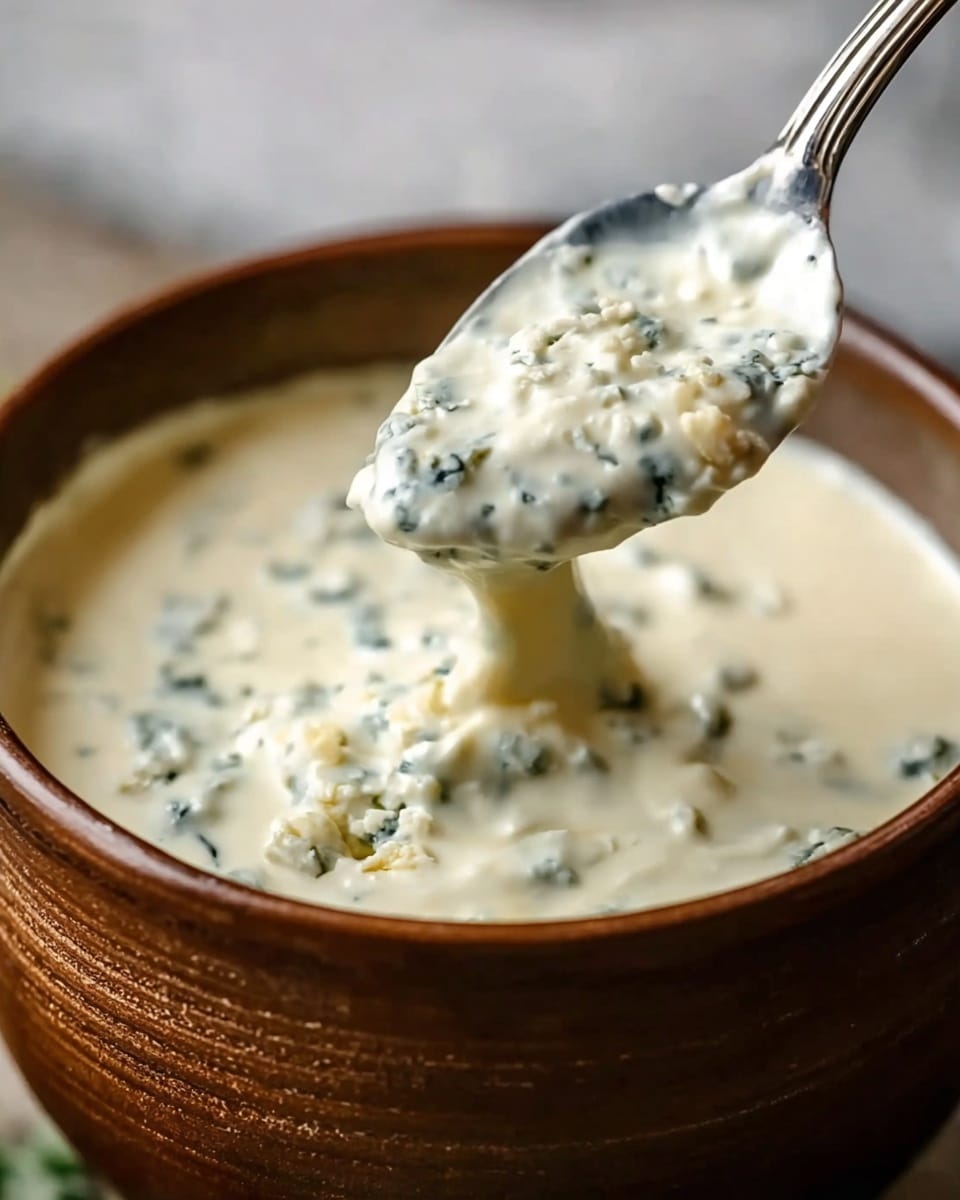 A close-up image of a creamy white sauce with small chunks of blue-green mold cheese mixed throughout, showing a thick and smooth texture. The sauce is being scooped up with a shiny silver spoon, which is held above a deep, rustic brown bowl filled almost to the top with the sauce. The background is softly blurred but replaced with a white marbled texture. Photo taken with an iphone --ar 4:5 --v 7