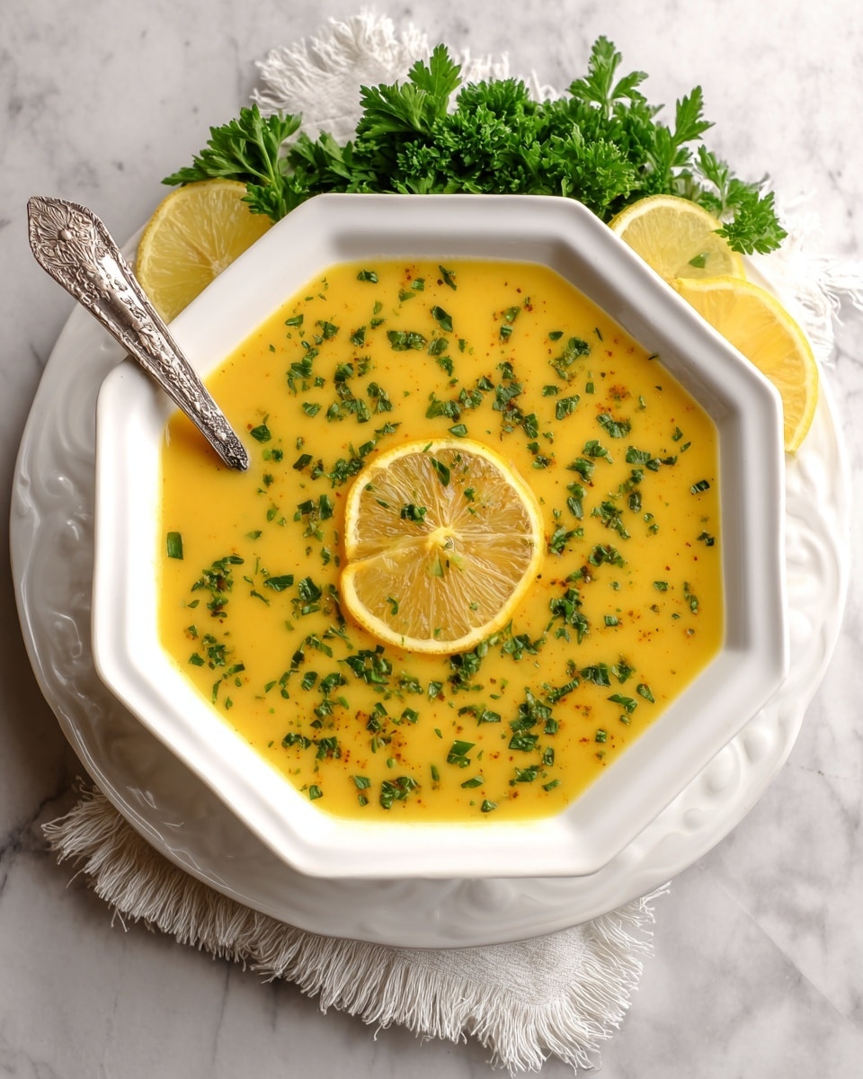 A white octagonal bowl holds a smooth yellow soup, topped with finely chopped green herbs scattered evenly on the surface and two thin, overlapping lemon slices placed in the center. A silver spoon with an ornate handle rests inside the bowl on the left side. The bowl is placed on a white plate, with a bunch of fresh parsley and two lemon wedges arranged behind the bowl. The setting is on a white marbled texture with a fringed white cloth partially showing under the plate. photo taken with an iphone --ar 4:5 --v 7