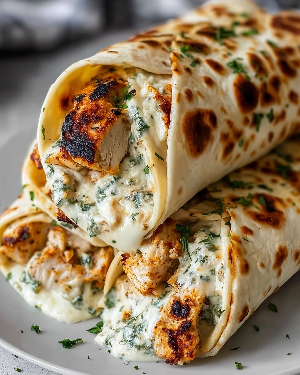 Three rolled tortillas stacked on a white plate with a white marbled background, each filled with grilled chicken pieces that have a golden-brown char and a creamy layer of melted white cheese mixed with green herbs. The tortillas are toasted with some brown spots and sprinkled with finely chopped green herbs on top. The filling looks soft and gooey, spilling slightly from the ends of the wraps, showing a mix of textures from melted cheese and tender chicken. Photo taken with an iphone --ar 4:5 --v 7