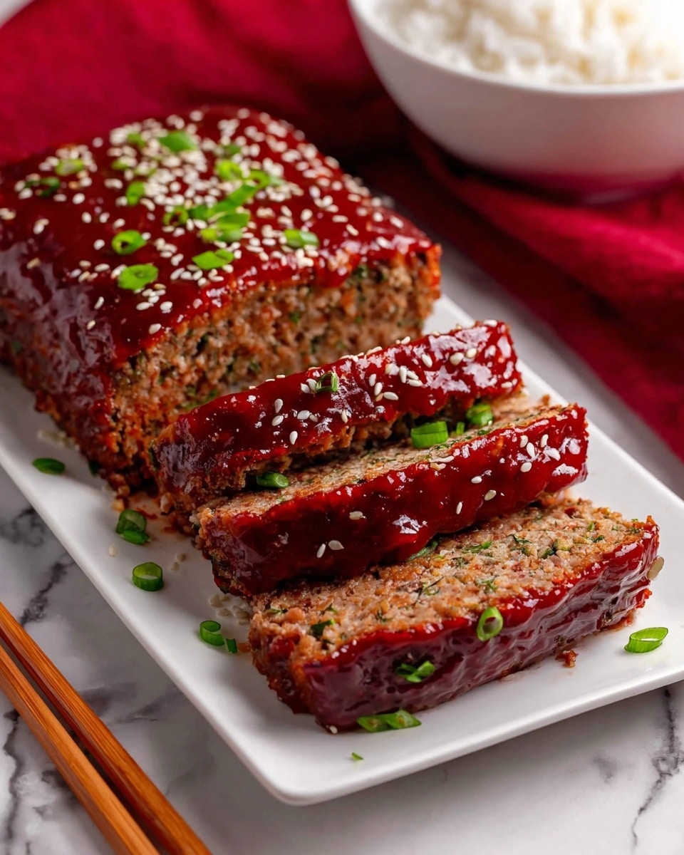 A rectangular meatloaf is sliced into thick pieces and placed on a white rectangular plate. The meatloaf has a moist, textured brown interior mixed with visible herbs and small green bits. The top and sides are coated with a shiny, dark red glaze that looks sticky and smooth. White sesame seeds and small green onion slices are sprinkled on top and around the meatloaf, adding contrast to the rich glaze. The plate sits on a white marbled surface with a red cloth and wooden chopsticks nearby, and a bowl of white rice is partially visible in the background. Photo taken with an iphone --ar 4:5 --v 7