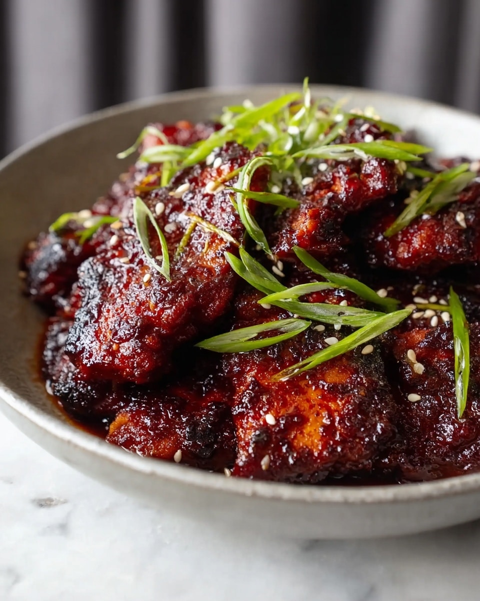 A close-up view of several pieces of grilled meat, richly coated in a dark red, sticky sauce with a slightly charred texture. The meat is piled in a shallow white bowl, and bright green thinly sliced scallions are sprinkled on top, adding fresh color and a slight curly texture. Small white sesame seeds are scattered over the meat, enhancing the visual detail. The bowl rests on a white marbled textured surface, giving a clean and simple background that contrasts with the deep colors of the dish. Photo taken with an iphone --ar 4:5 --v 7