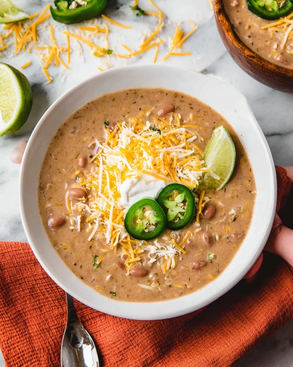 The image shows a white bowl filled with creamy bean soup that has a light brown color and a slightly chunky texture with visible beans. On top, there is a layer of shredded yellow cheese scattered unevenly, with three slices of dark green jalapeño pepper placed near the center. A dollop of white sour cream is partially covered by the cheese and jalapeño slices. A green lime wedge rests on the edge of the soup, adding a fresh touch. The bowl sits on an orange cloth on a white marbled surface, with some shredded cheese and a green jalapeño scattered around. A silver spoon with some reflection is placed near the bowl, and a woman’s hand holds a wooden bowl of a similar soup with cheese topping in the background. Photo taken with an iphone --ar 4:5 --v 7