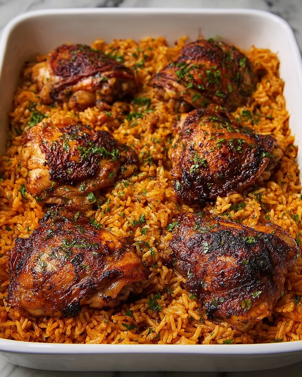 The image shows a white rectangular dish filled with a base layer of fluffy orange rice, speckled with herbs. On top of the rice, there are six pieces of grilled chicken thighs, each with a dark brown, slightly charred, and crispy skin, sprinkled lightly with green herbs. The chicken pieces are arranged neatly across the rice, giving the dish a rich, warm color contrast between the bright orange rice and the deep brown chicken. The photo is taken on a white marbled surface. photo taken with an iphone --ar 4:5 --v 7