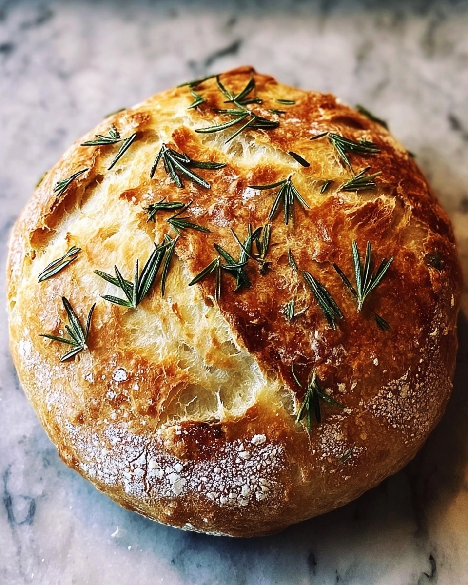 A round loaf of rustic bread with a golden-brown crust, showing deep air pockets and a slightly uneven surface, is topped with scattered fresh green rosemary sprigs. The bread has a light dusting of flour near the edges and a textured surface with some dark toasted spots. It rests on a white marbled texture surface. Photo taken with an iphone --ar 4:5 --v 7