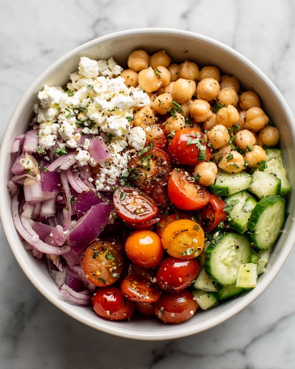 A white bowl filled with a fresh chickpea salad showing distinct layers: the base layer is comprised of beige chickpeas, mixed with bright red and orange halved cherry tomatoes, thick slices of green cucumber with white centers, and chunks of deep purple-red roasted onions. Scattered over the top are small white cubes of crumbly feta cheese, garnished with finely chopped green herbs and a dusting of cracked black pepper. The textures include smooth chickpeas, juicy tomatoes, crunchy cucumbers, soft roasted onions, and crumbly cheese. The bowl sits on a white marbled surface. photo taken with an iphone --ar 4:5 --v 7