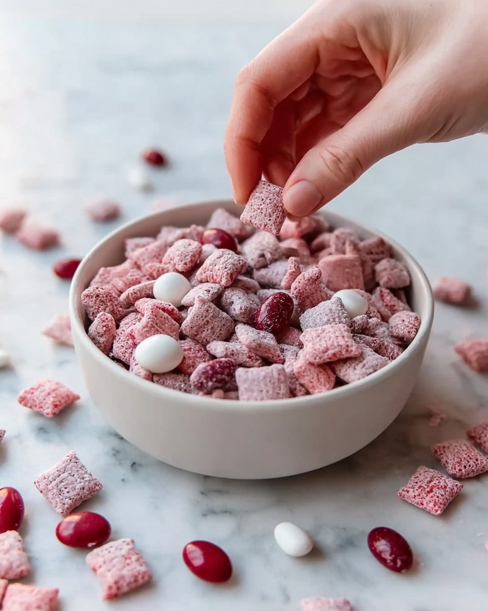A close-up image of a white ceramic bowl filled with a mix of small square cereal pieces and round candies, all coated in pink powder. The cereal pieces are light pink with a powdery texture, and there are scattered darker red oval candies and small white round candies mixed in. A woman's hand is picking up one of the cereal pieces from the bowl. Some cereal pieces are also spread on a white marbled surface around the bowl, creating a casual, inviting look. photo taken with an iphone --ar 4:5 --v 7
