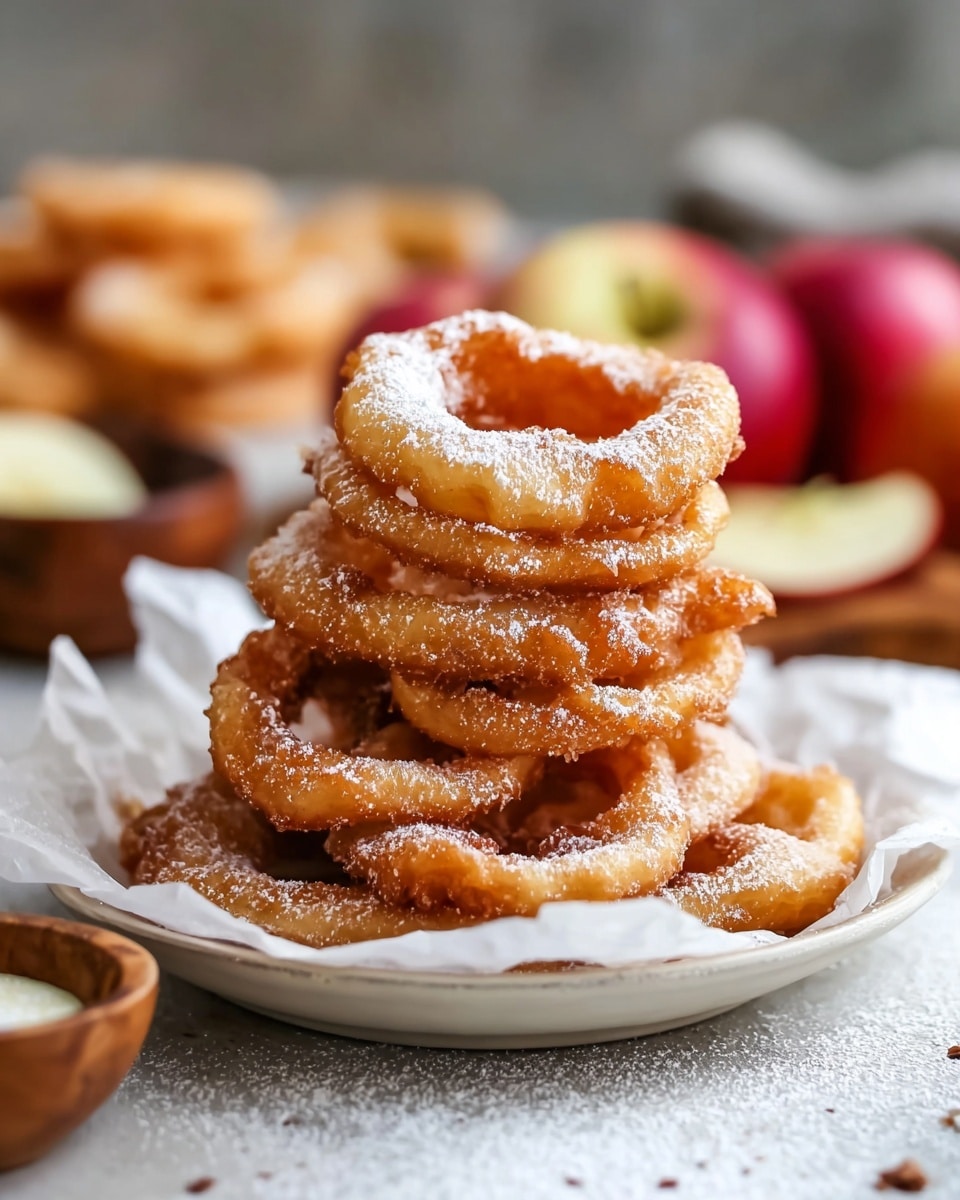 A stack of golden brown fried apple rings sits on white parchment paper atop a white plate. Each ring has a crisp, rough texture with a light dusting of powdered sugar spreading unevenly over them. The rings are piled high, creating a layered, slightly messy heap. In the soft-focus background, blurry apples and small wooden bowls can be seen, all placed on a white marbled textured surface. photo taken with an iphone --ar 4:5 --v 7