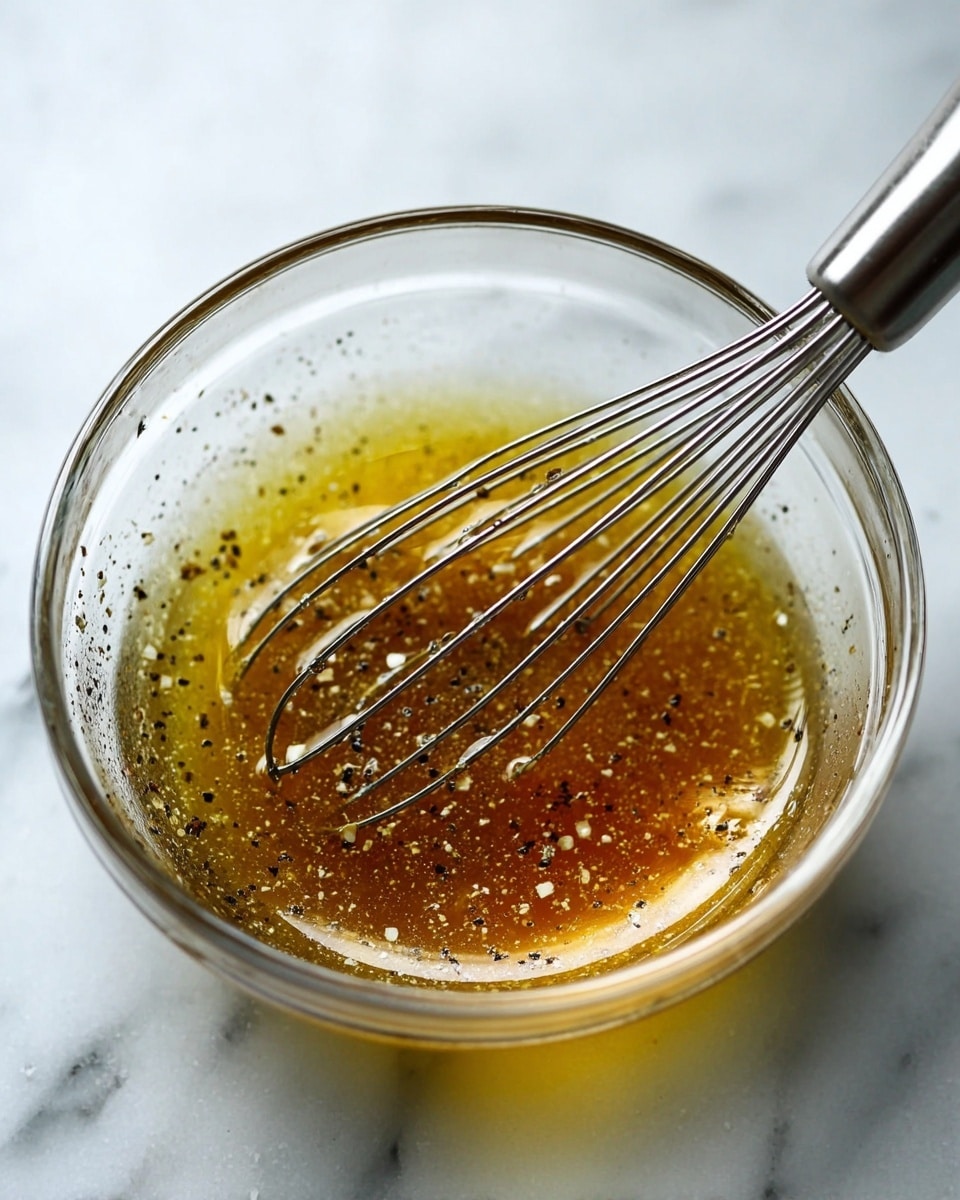 A clear glass bowl contains a shiny, golden liquid with a slightly thick texture. Tiny bubbles and small bits of white and black seasoning float throughout the liquid, creating a speckled effect. A silver metal whisk is partially submerged in the bowl, its thin wires visible and coated with the liquid and seasoning. The bowl sits on a surface with a white marbled texture, giving a clean and bright background to the image. photo taken with an iphone --ar 4:5 --v 7