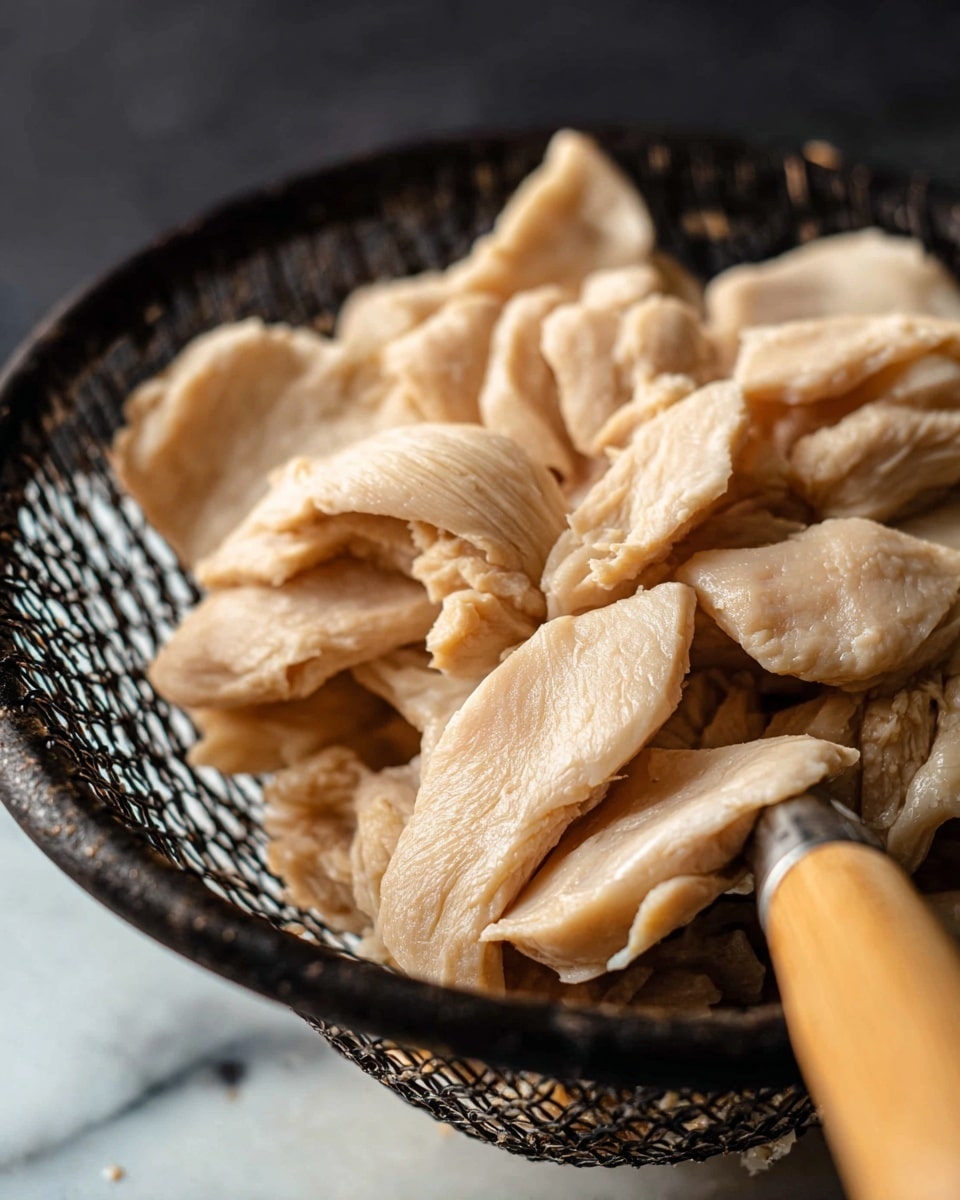 A close-up view of multiple pieces of pale beige, soft textured cooked chicken skin held in a black wire mesh skimmer with a wooden handle on the right side, the chicken skins showing slight wrinkles and folds, with some pieces curved and others flat, all resting together in the skimmer against a dark blurred background replaced by a white marbled texture. photo taken with an iphone --ar 4:5 --v 7