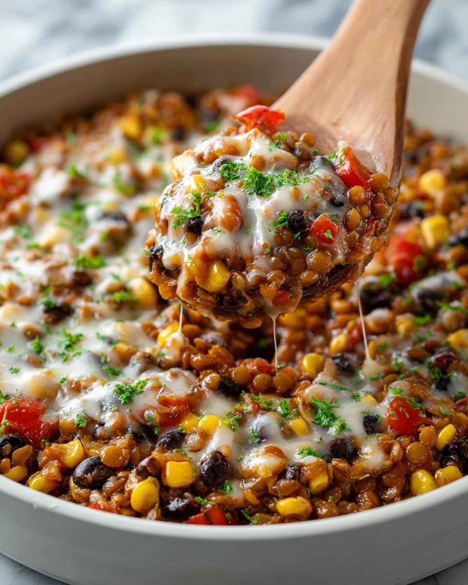 A close-up of a white bowl filled with a single-layer mix of cooked lentils, yellow corn, black beans, and diced red tomatoes, topped with melted white cheese and sprinkled with small green parsley pieces scattered evenly. A wooden spoon lifting a scoop of the same mixture from the bowl, showing the glossy texture and colors. The background has a white marbled texture. photo taken with an iphone --ar 4:5 --v 7