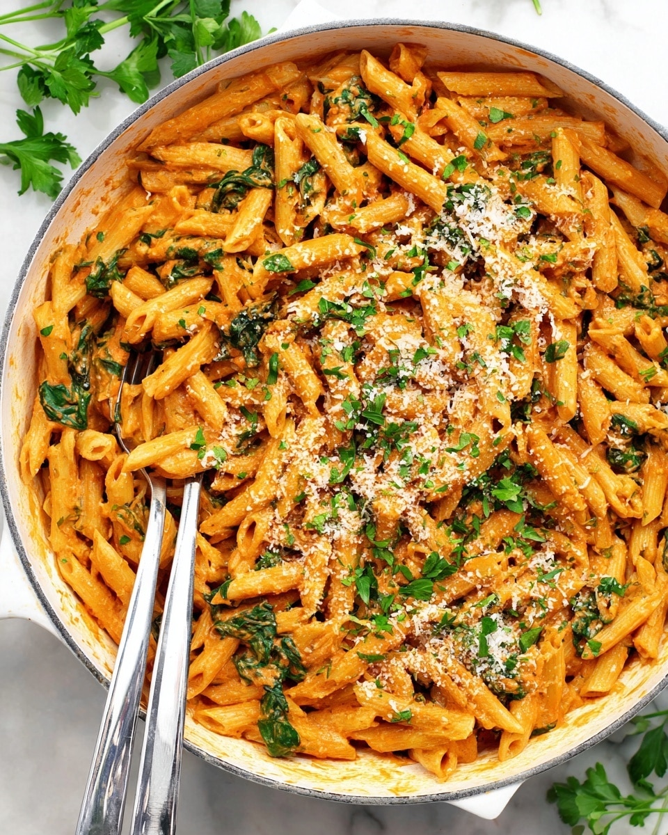 A white deep pan filled with creamy penne pasta coated in a rich orange sauce, scattered with green leafy spinach pieces throughout. Sprinkled on top is a layer of grated white cheese and chopped fresh green parsley, adding a fresh pop of color. Two silver forks rest inside the pan on the left side. The pan sits on a white marbled surface with a few parsley leaves around it. photo taken with an iphone --ar 4:5 --v 7