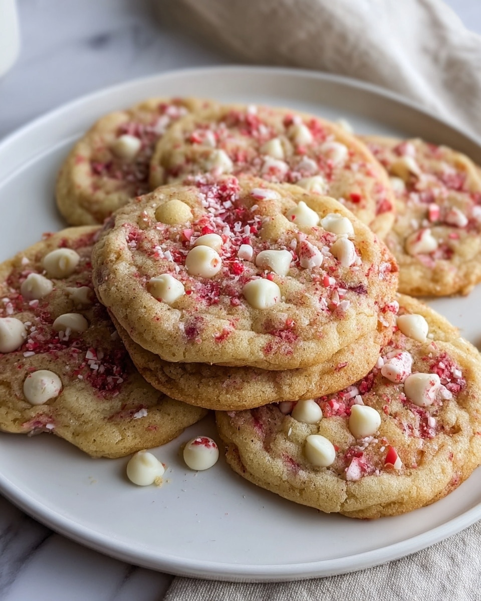 A plate holds several round cookies stacked in two layers, each cookie pale golden brown with a slightly crispy texture. The top layer of each cookie is dotted with white chocolate chips and sprinkled evenly with crushed red and white candy pieces, adding a colorful contrast to the soft cookie base. The white plate sits on a white marbled surface with a soft beige cloth peeking from the side. photo taken with an iphone --ar 4:5 --v 7