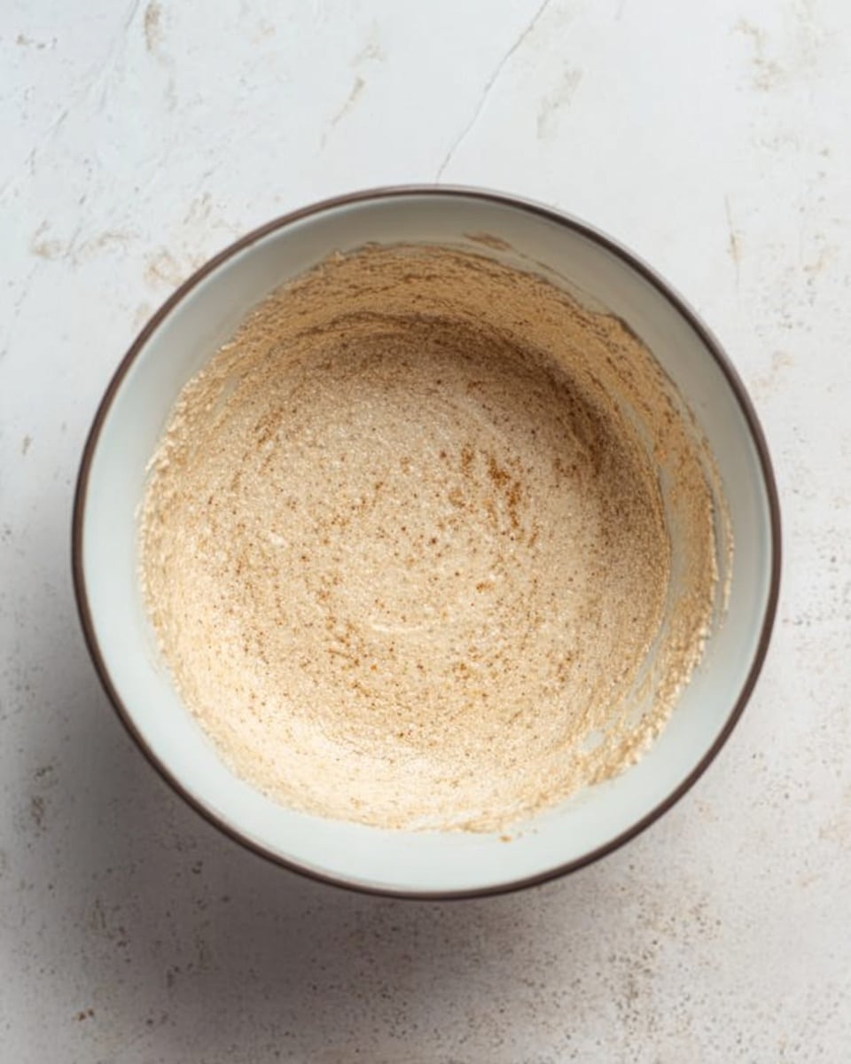 A white bowl on a white marbled surface holds a creamy mixture with a light brown color and smooth texture, looking slightly grainy and thick, filling about a quarter of the bowl's height. The bowl has a thin dark rim around the top edge, and the inside surface of the bowl is clean except for the mixture. Photo taken with an iphone --ar 4:5 --v 7