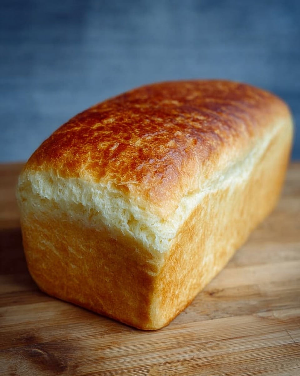 A whole loaf of bread with a smooth golden-brown crust on top and sides, resting on a wooden board. The bread has a tall, rectangular shape with a slightly rounded top, showing a soft and fluffy texture inside near the edges where the crust meets the bread. The surface it is on is not a plate but a light brown wooden cutting board, and the background is blurred in blue tones. photo taken with an iphone --ar 4:5 --v 7