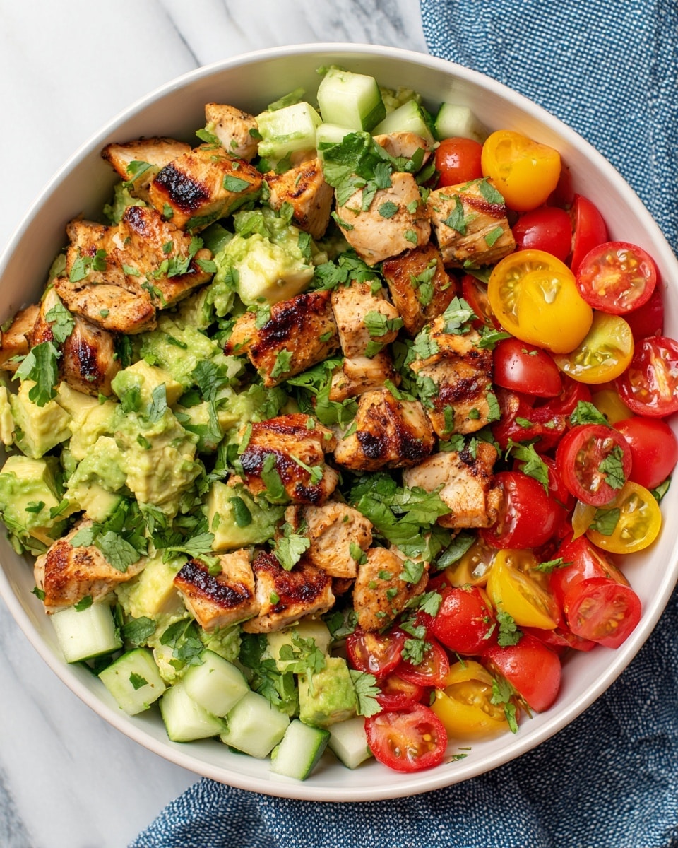 The image shows a white bowl filled with a colorful grilled chicken salad. The base layer consists of chopped bright green avocado pieces with a creamy texture, mixed with light green cucumber chunks showing a watery inside. The next layer is grilled chicken chunks, golden brown with char marks, scattered evenly around the bowl. Bright red and yellow cherry tomato halves are mixed throughout, adding vibrant color. Fresh green chopped cilantro leaves are sprinkled on top, adding a fresh touch. The bowl is placed on a white marbled surface with a blue and white textured cloth partially visible on the side. Photo taken with an iphone --ar 4:5 --v 7