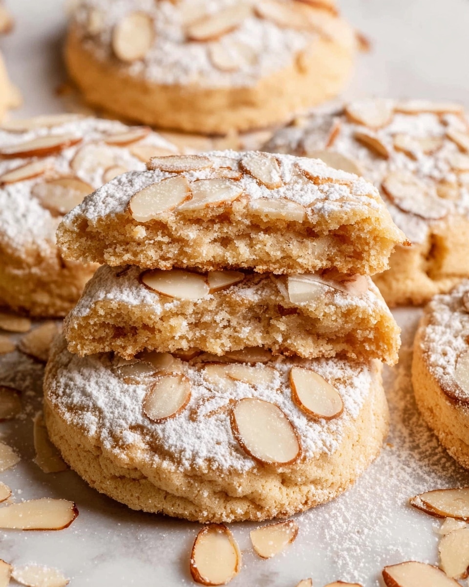 The image shows several round, soft cookies with a light golden brown color, each topped with thin almond slices and a sprinkling of powdered sugar. One cookie is stacked and broken in half on top of two others, revealing a slightly crumbly texture inside with visible almond pieces. The cookies sit closely together on a white marbled surface, with some loose almond slices scattered around. photo taken with an iphone --ar 4:5 --v 7