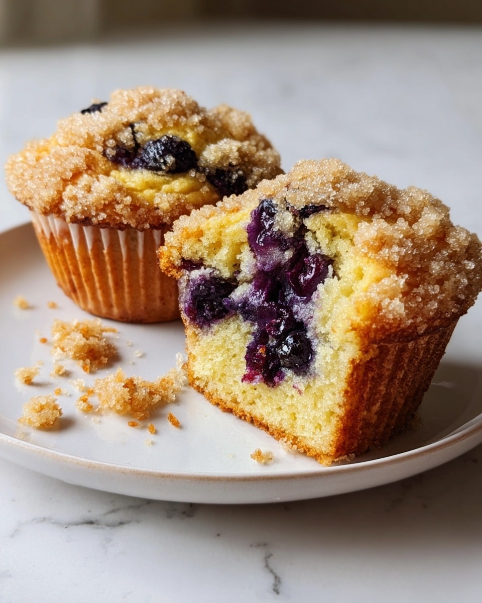 Two blueberry muffins sit on a white plate with a white marbled background; one muffin is whole, showing a golden brown crumbly top with sugar crystals, and the other muffin is cut in half, revealing three layers: a light golden outer crust, a soft yellow cake layer with moist, juicy dark purple blueberries scattered inside, and the same crumbly sugar topping on top. Small crumbs are scattered on the plate near the halved muffin. Photo taken with an iphone --ar 4:5 --v 7