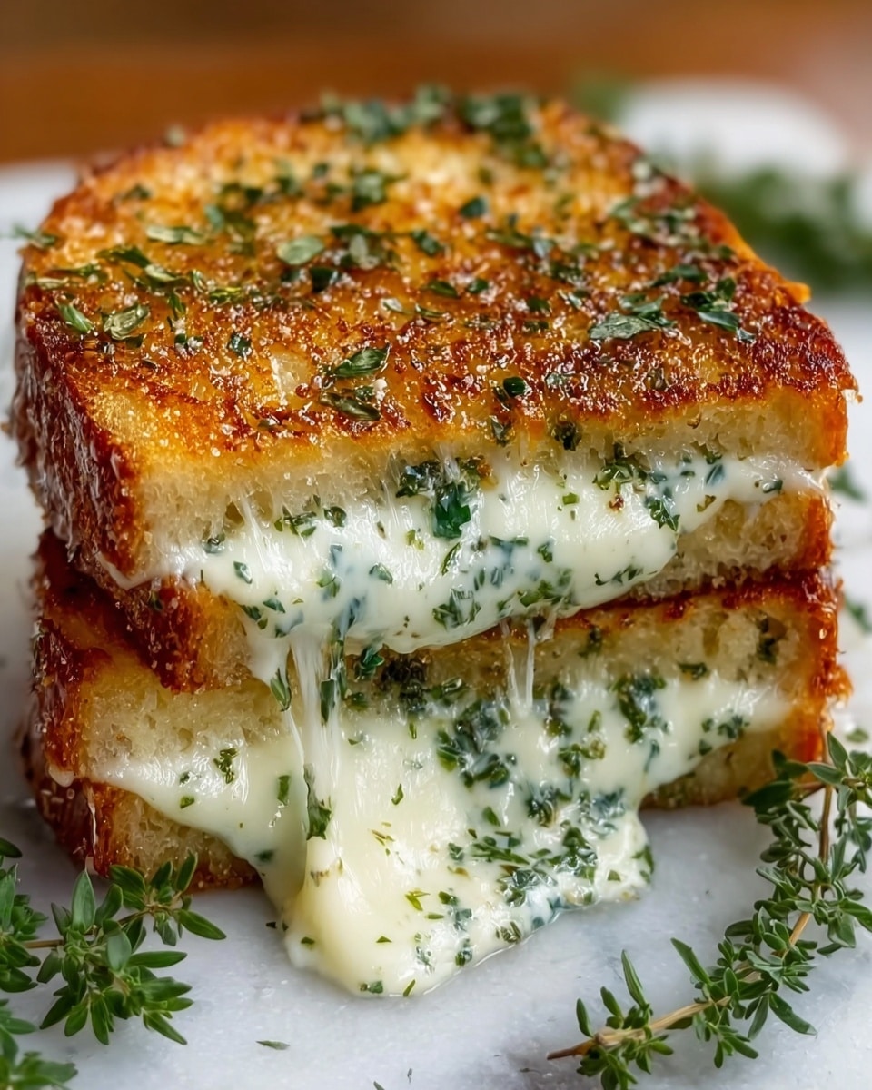 The image shows a close-up of a grilled cheese sandwich cut in half and stacked, revealing two thick layers of melted white cheese mixed with green herbs. The bread on top and bottom is golden brown and crispy with a slightly rough texture, sprinkled with chopped herbs. A small drip of melted cheese hangs from the edge, adding to the creamy look. Fresh green herbs are placed around the sandwich on a white marbled surface. Photo taken with an iphone --ar 4:5 --v 7