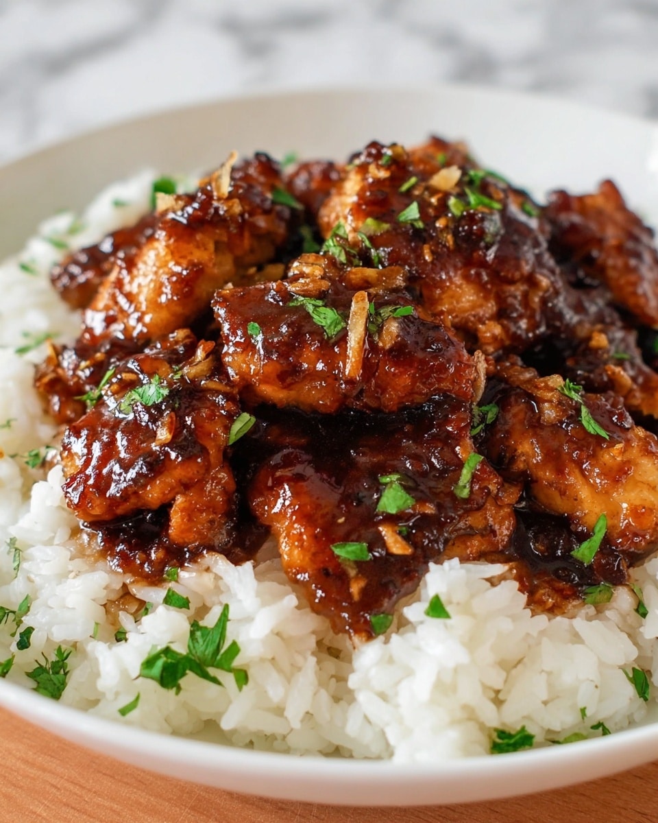 A white plate holds a bed of fluffy white rice as the bottom layer, topped with several pieces of glazed chicken that are dark brown with a shiny, sticky texture. The chicken is coated in a rich, thick sauce that looks glossy and slightly caramelized. Small bits of browned garlic and green herbs are scattered on and around the chicken, adding texture and a fresh pop of color. The background is a white marbled surface. photo taken with an iphone --ar 4:5 --v 7