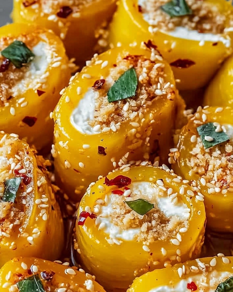 The image shows three stuffed pasta tubes arranged side by side on a white marbled surface. Each pasta tube is glossy golden-brown with a smooth, slightly shiny texture from a glaze on top. Inside, they are filled with a creamy white cheese layer surrounding a crumbly orange-brown filling. The pasta tubes are sprinkled evenly with small white sesame seeds and bits of red chili flakes. Small green herb leaves are scattered on top, adding a fresh touch to the warm colors. The close-up view highlights the contrast between the smooth pasta, the soft cheese, and the crumbly filling. Photo taken with an iphone --ar 4:5 --v 7