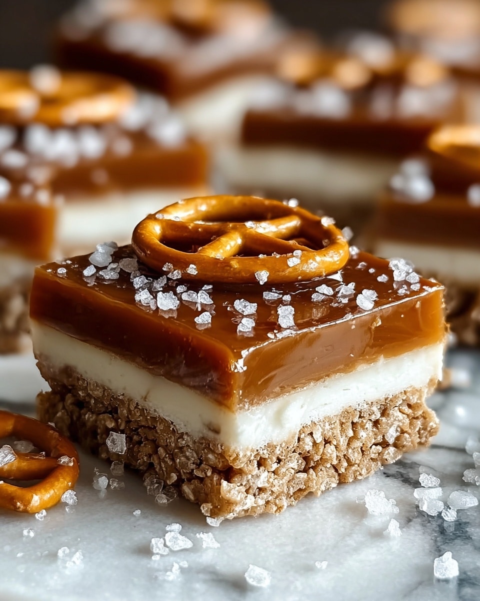 A close-up of a square treat with three layers starting from the bottom: a light brown crunchy cereal base, a thick smooth caramel layer, then another crunchy cereal layer with a thin white cream in the middle, topped with a thick, glossy caramel layer; a small golden brown pretzel with coarse white salt flakes is placed on top, as more salt flakes are scattered around. The dessert sits on a white marbled texture. photo taken with an iphone --ar 4:5 --v 7