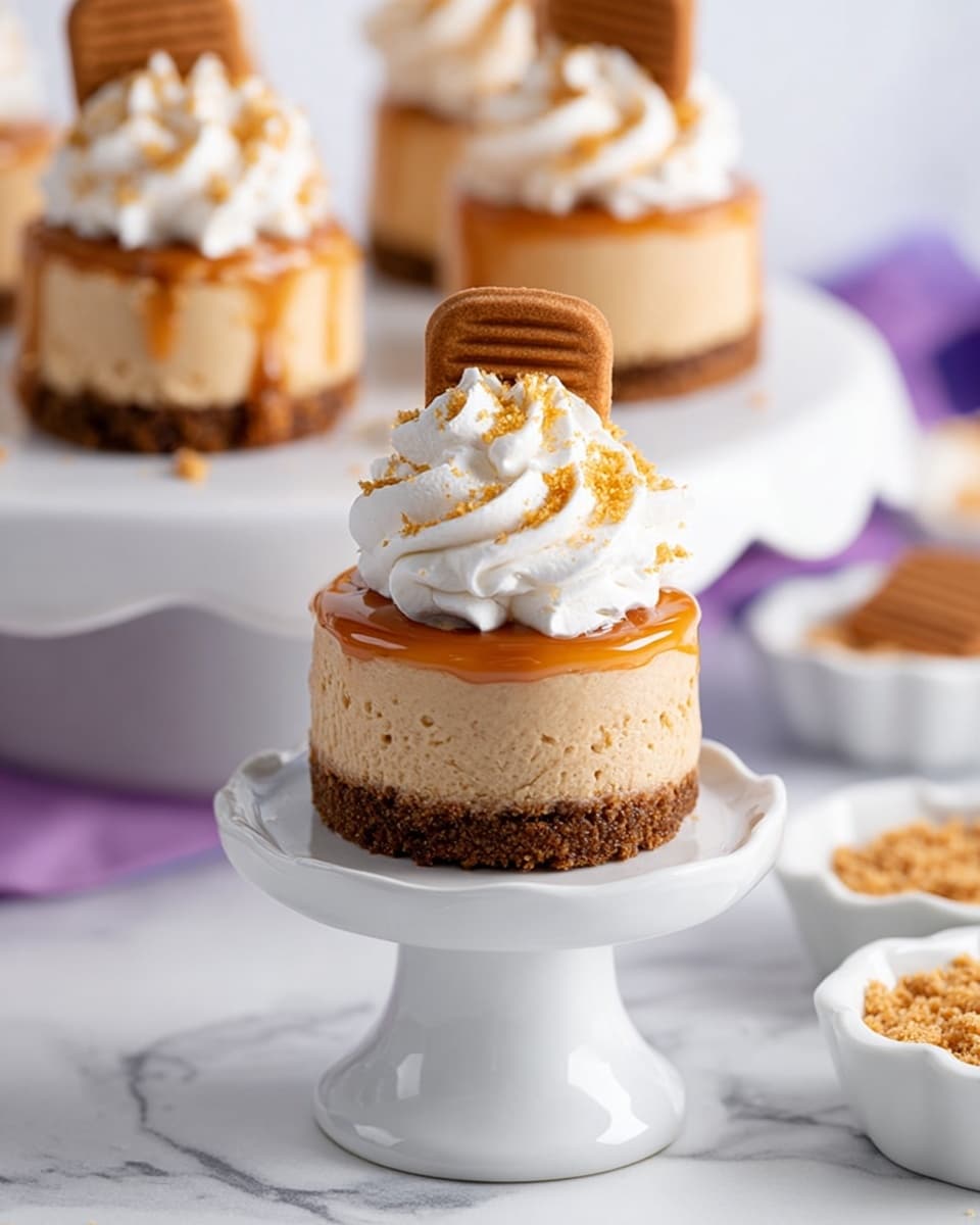 The image shows a small layered dessert with four clear layers. The bottom layer is a crumbly, golden-brown crust. Above it, a thick creamy beige layer forms the main body of the dessert. On top of that is a smooth, shiny, light brown layer, possibly caramel or chocolate. The top layer is a fluffy white whipped cream dollop with light brown crumbs sprinkled on it. Poking out from the whipped cream is a round, textured cookie that is golden brown. The dessert sits on a white pedestal stand over a white marbled surface, with more desserts and bowls of crumbs in the soft-focus background. Photo taken with an iphone --ar 4:5 --v 7