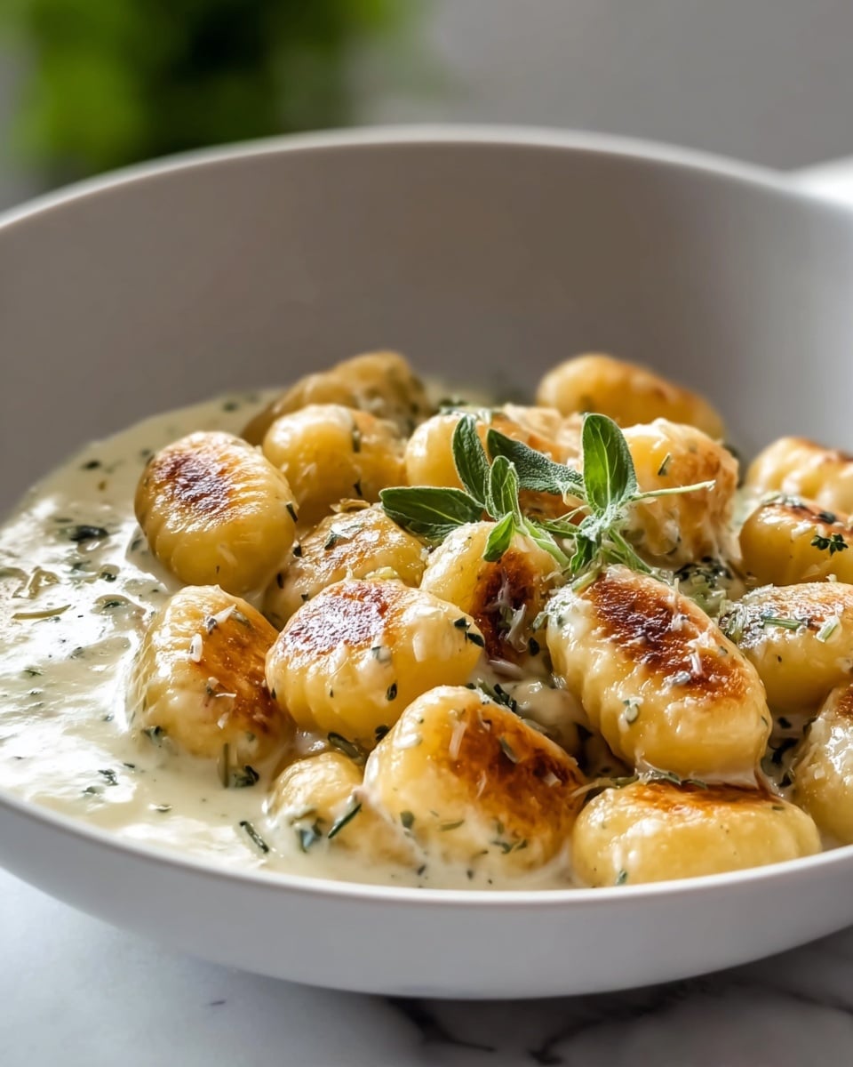 A white bowl filled with golden-brown gnocchi pieces, each having a slightly crispy, browned texture on their rounded tops. The gnocchi are coated in a creamy white sauce with flecks of green herbs evenly mixed throughout. One small green herb sprig rests on top of the gnocchi, adding a fresh touch. The creamy sauce pools at the bottom, providing a smooth base that contrasts with the browned gnocchi. The white bowl sits on a white marbled surface, and the background is softly blurred with a hint of green from out-of-focus leaves. photo taken with an iphone --ar 4:5 --v 7