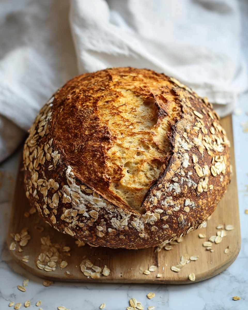 A round, rustic loaf of bread with a deep golden-brown crust and a rough, textured surface showing light and dark baked areas is placed on a wooden board. The bread has a thick outer layer covered in oat flakes, especially visible around the sides. The top center of the loaf is cracked, revealing a lighter, soft, and fluffy inside with a slightly airy texture. Scattered oat flakes surround the bread on the board, which rests on a white marbled surface. In the background, a white cloth is partly visible, adding softness to the scene. photo taken with an iphone --ar 4:5 --v 7