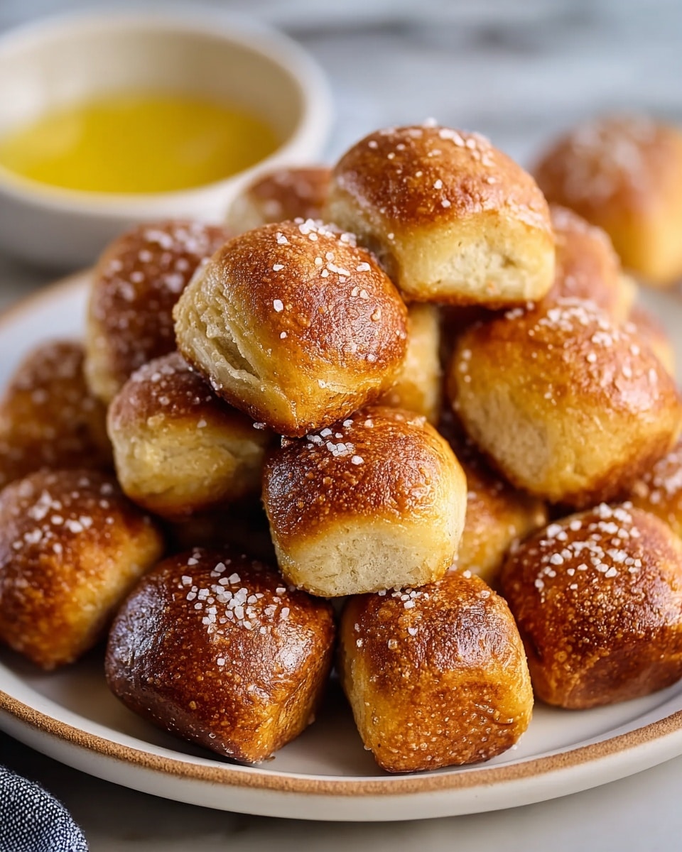 A white plate holds a pile of small soft pretzel bites, each with a golden-brown top and lighter, fluffy sides. The tops are sprinkled with coarse salt crystals, giving a slightly shiny and textured look. The pretzel bites are stacked unevenly, showing their round and square shapes, with a crisp exterior and soft interior visible in some. In the blurred background on the white marbled surface, there is a small white bowl filled with melted butter, adding a warm yellow contrast. Photo taken with an iphone --ar 4:5 --v 7