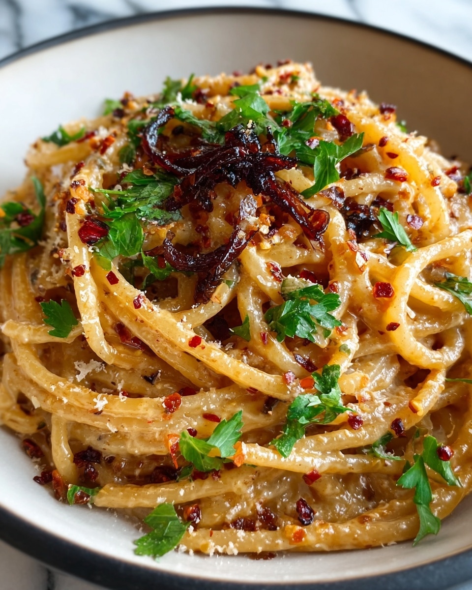 A close-up of a plate with one main layer of thick spaghetti pasta coated in a light brown sauce, sprinkled with small red chili flakes and some grated cheese. The top is scattered with fresh green parsley leaves and dark, thin slices of caramelized onion. The pasta sits in a white bowl on a white marbled surface. Photo taken with an iphone --ar 4:5 --v 7