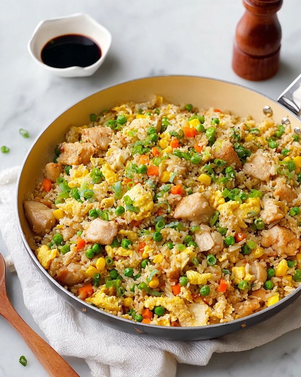 A large light yellow pan filled with fried rice is placed on a white cloth on a white marbled surface. The fried rice has a mix of small yellow scrambled egg pieces, light brown cooked rice, bright green peas, diced orange carrots, yellow corn, and chunks of light brown cooked chicken. Green onion slices are scattered on top, adding a fresh green touch. Behind the pan, a small white bowl with dark soy sauce and a brown wooden pepper grinder are visible on the white marbled surface. photo taken with an iphone --ar 4:5 --v 7