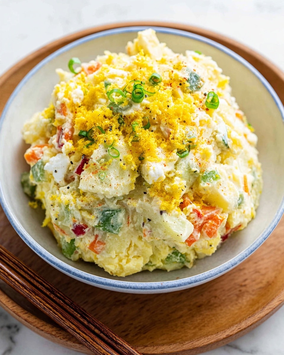 A mound of potato salad is served in a white bowl with a light blue rim, placed on a wooden tray with a pair of wooden chopsticks resting nearby. The potato salad has three main layers: the base is creamy, pale yellow mashed potatoes mixed with small pieces of green cucumber, orange carrot, and bits of red bell pepper. The middle layer contains diced white boiled egg whites scattered throughout. The top layer is sprinkled with crumbled bright yellow egg yolk and finely chopped green onions, with a light dusting of black pepper visible on the surface. The photo is taken from above, showing the whole bowl centered on a white marbled background. Photo taken with an iphone --ar 4:5 --v 7
