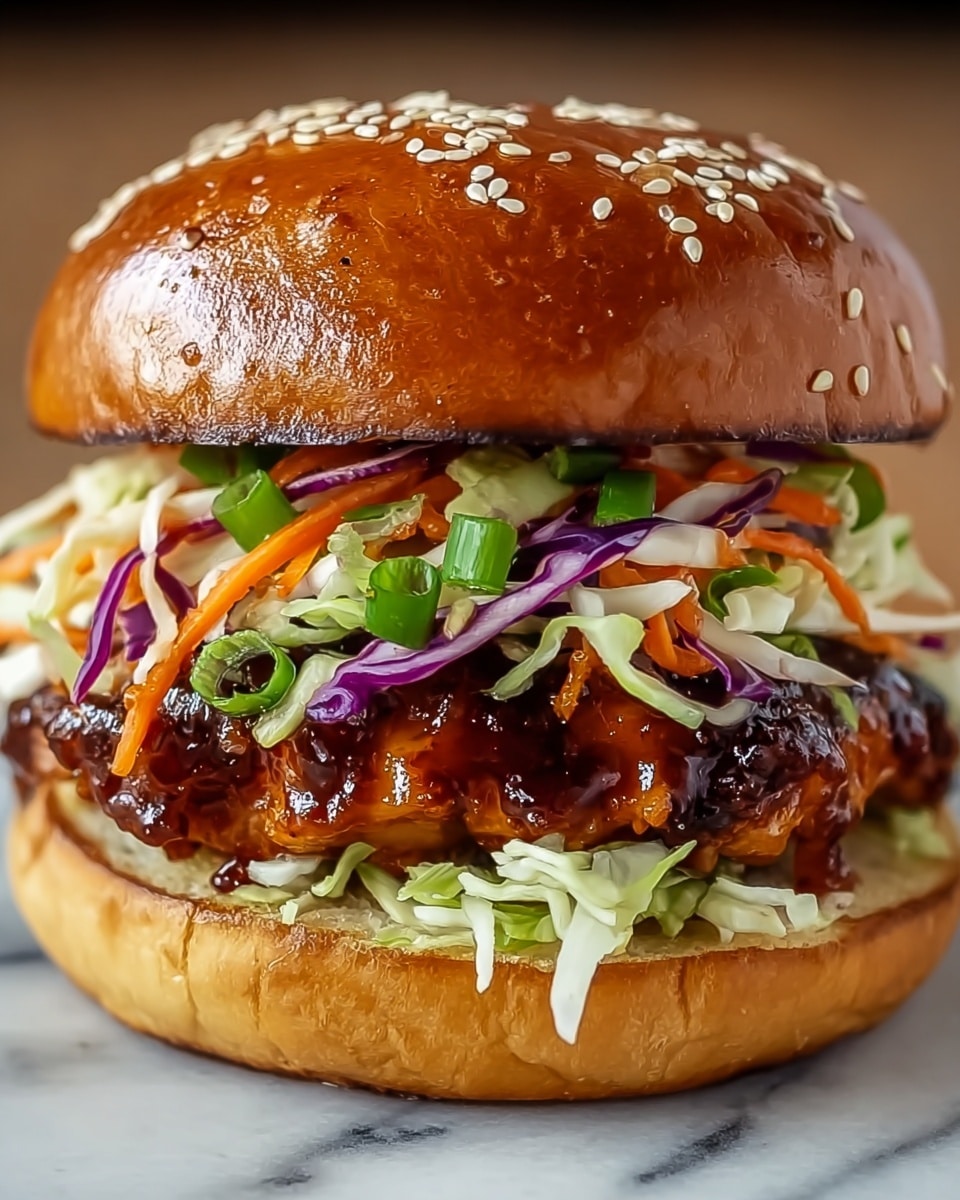 A close-up of a burger with a shiny, golden-brown sesame seed bun on top, followed by a colorful slaw made of thin carrot, green cabbage, purple cabbage, and green onion strips. Below the slaw is a thick, dark grilled chicken patty covered in a glossy sauce. Under the chicken patty, there is a layer of light green shredded lettuce, all held together by a toasted, golden-brown bottom bun. The burger sits on a white marbled surface. photo taken with an iphone --ar 4:5 --v 7