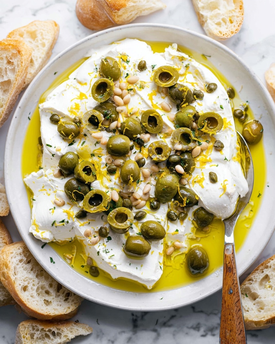 A white shallow bowl filled with a soft, creamy white cheese layered thickly at the base, drizzled generously with glossy golden olive oil pooling around the cheese. Spread on top are multiple green olive slices with their pits removed, scattered unevenly, alongside small dark green capers and off-white pine nuts adding a crunchy texture. Bright yellow lemon zest bits are sprinkled all over, providing a pop of color. A wooden-handled spoon rests on the bowl's edge, and pieces of crusty bread sit nearby on a white marbled surface. photo taken with an iphone --ar 4:5 --v 7
