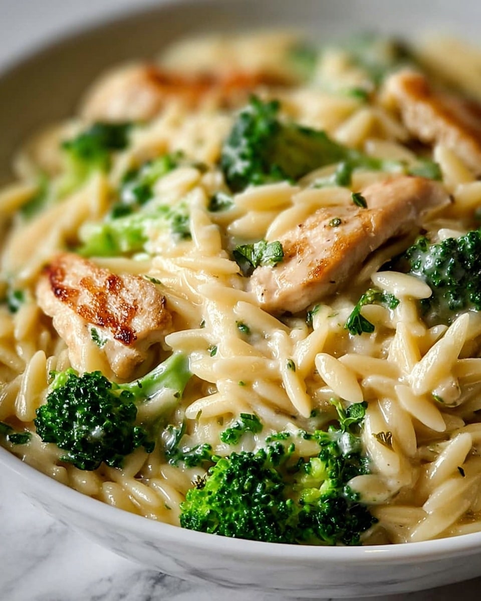 A close-up view of a creamy dish served in a white bowl placed on a white marbled surface, featuring a mix of al dente orzo pasta with a smooth pale yellow cream sauce coating each piece. Scattered throughout the orzo are bright green, tender broccoli florets creating contrast with their leafy texture. On top and mixed inside, there are several pieces of golden brown grilled or roasted chicken that have a slightly crispy exterior. Bits of chopped fresh herbs add small specks of green across the dish, enhancing its fresh look. photo taken with an iphone --ar 4:5 --v 7