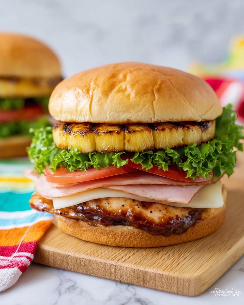 A close-up of a sandwich with six visible layers on a soft, golden sesame seed bun. The bottom bun holds a glossy grilled chicken breast with a dark brown glaze. On top of the chicken is a smooth, pale slice of cheese, followed by a thin, light pink slice of ham. Above the ham, there is a grilled pineapple ring with a caramelized surface showing brown grill marks. Layered next is fresh, curly green lettuce, and finally, two slices of bright red tomato sit beneath the top bun. The sandwich is placed on a light wooden board set against a white marbled surface with a colorful striped cloth blurred in the background. Photo taken with an iphone --ar 4:5 --v 7
